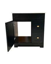 30inch black bathroom cabinet with one open door and two drawers