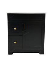 30-inch bathroom vanity with left side drawers and gold handles