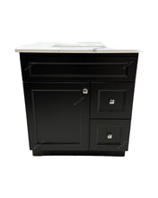 30" matt black bathroom vanity with quartz countertop and a sink
