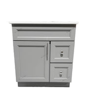 30" light grey bathroom vanity with drawers on the right hand side