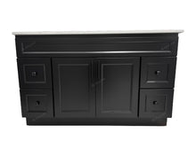 Black solid wood bathroom vanity with four drawers and a white quartz countertop
