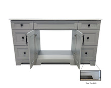 60" Light grey bathroom vanity with open doors.