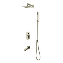 Brushed Nickel shower set with shower head, control handle, tub spout, and handheld shower. 