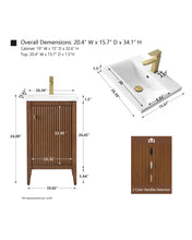 Walnut fluted vanity with dimensions and handle options on white background