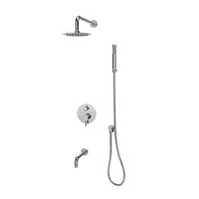 Chrome shower set with shower head, control handle, tub spout, and handheld shower set in a round shape.