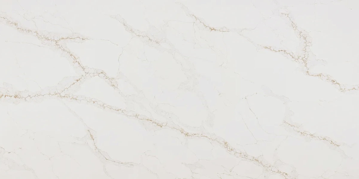 Frosted Gold white quartz countertop slab with gold and grey veining