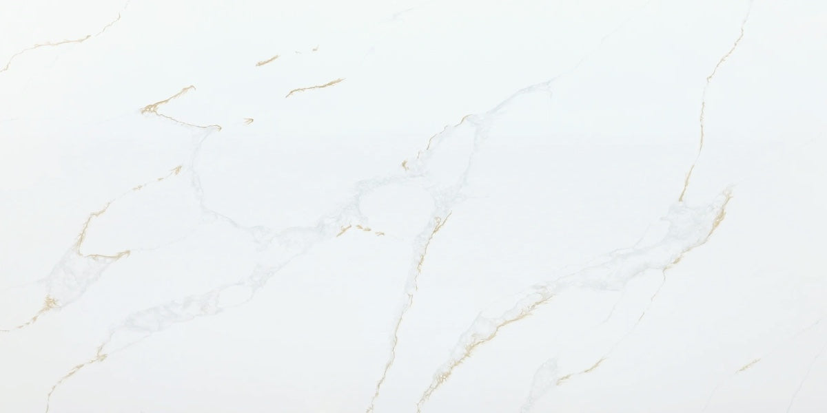 Golden Cloud white quartz countertop slab with grey shading and gold veining