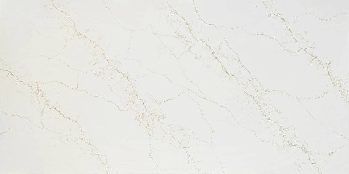 Golden Moss white quartz countertop slab with gold veining