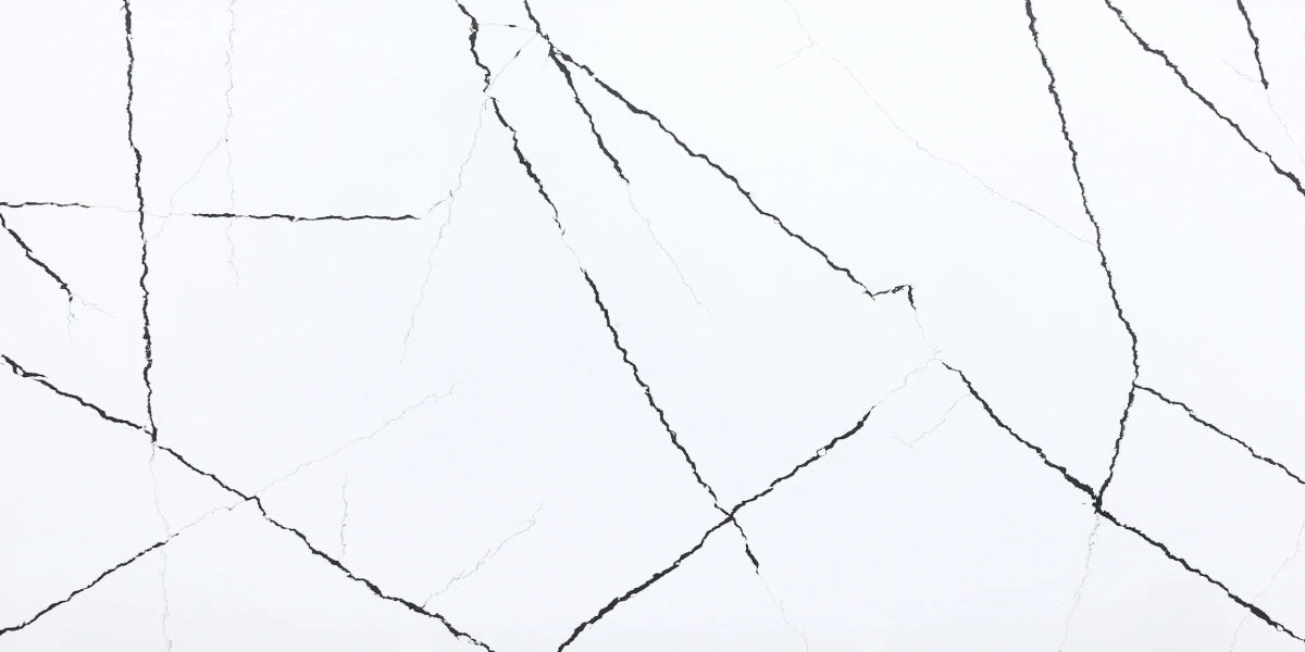 Ink Veil white quartz countertop slab with bold black veining