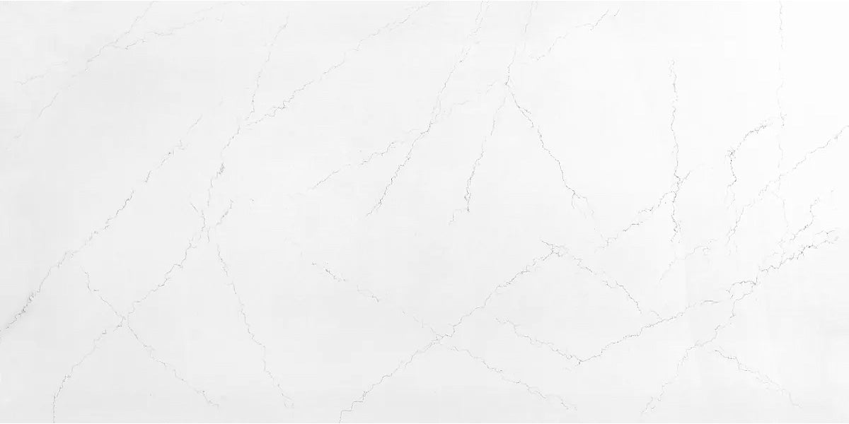 Misty Calacatta white quartz countertop slab with fine grey veining