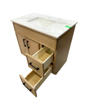Solid Wood Bathroom Vanity with open drawers, quartz countertop and an under-mount ceramic sink