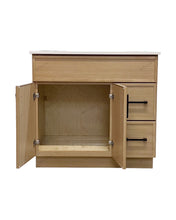 36" oak wood bathroom vanity with open doors