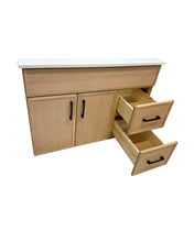 White oak wooden bathroom vanity with two open drawers