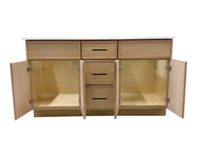 Wood finish double sink bathroom vanity with quartz countertop. 