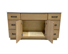 White Oak bathroom vanity with two open doors. 