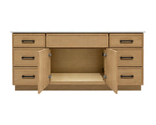 Oaklyn 72 inch natural oak bathroom vanity with center cabinet doors open showing solid wood interior and storage