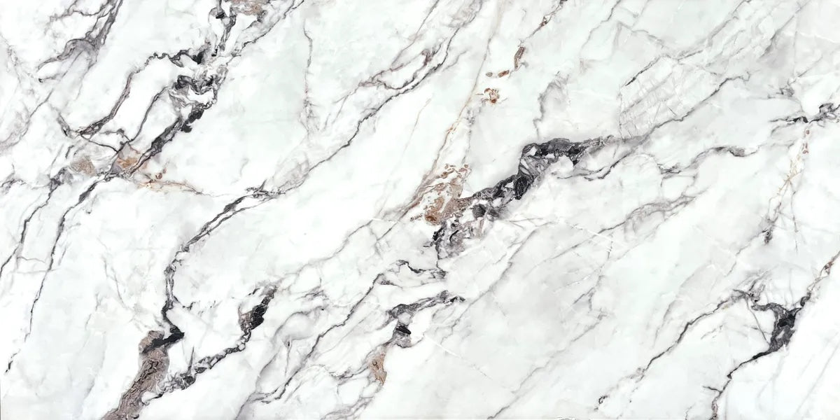 Smoked Copper white quartz countertop slab with dark veining and copper accents