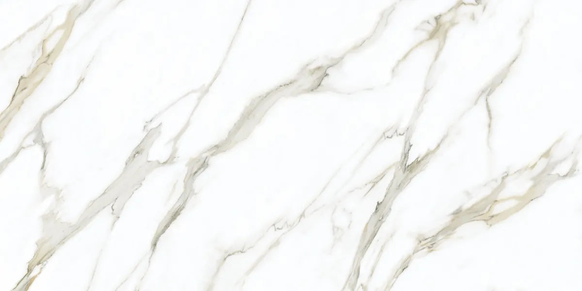 Ivory Drift white quartz countertop slab with grey and tan-gold veining