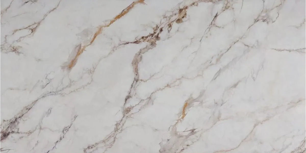 Amber Trail white quartz countertop slab with brown veining and amber accents