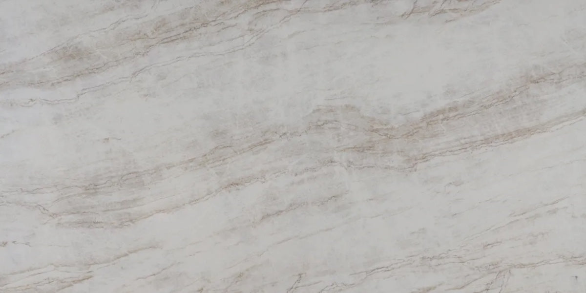 Sandstone Veil ivory quartz countertop slab with brown tones and flowing texture
