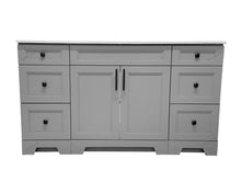 Light grey single sink bathroom vanity with wide drawers and white quartz countertop.