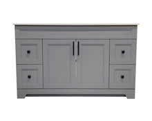 54" grey bathroom vanity with quartz countertop and black handles. 