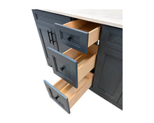 Pearl double sink bathroom vanity with three open plywood drawers