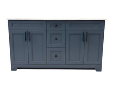 a 60inch blue-grey double sink bathroom vanity with black hardware and white quartz countertop