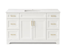 Pearl 60-inch white single sink bathroom vanity with wide drawers and white quartz countertop.