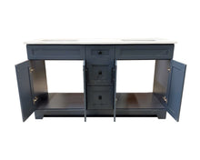 Pearl double sink bathroom vanity in dark grey colour with four open cabinet drawers