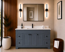Pearl 60" dark grey single sink bathroom vanity with black hardware and white quartz countertop, styled in a modern bathroom with wood slat accent wall