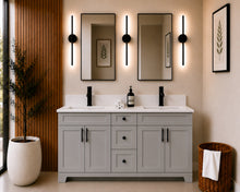 Pearl 60" light grey double sink bathroom vanity with black hardware and white quartz countertop, styled in a modern bathroom with wood slat accent wall