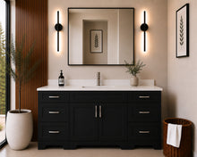Pearl 72-inch black single-sink bathroom vanity with brushed nickel hardware, quartz countertop, and brushed nickel faucet, styled in a modern bathroom with a black-framed mirror, black wall sconces, and wood slat accent wall.