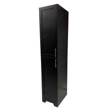 Black bathroom storage cabinet with two doors and handles