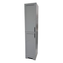 Tall light grey bathroom storage unit. 