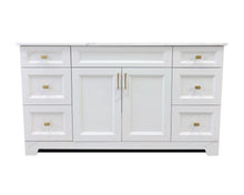 Sapphire 60-inch white single sink bathroom vanity with quartz countertop, solid wood construction, two centre doors and six side drawers