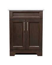 Sapphire 24" smoked walnut bathroom vanity with white quartz countertop and brushed nickel hardware, front-facing product view
