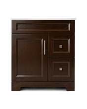 Sapphire 30" smoked walnut bathroom vanity with one door and two right side drawers, white quartz countertop and brushed nickel hardware, front-facing product view