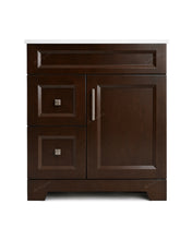 Sapphire 30" Smoked Walnut- A dark brown wood bathroom vanity cabinet with a white top, featuring two drawers on the left and one larger door on the right