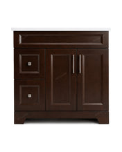 Sapphire 36" smoked walnut bathroom vanity with two drawers, white quartz countertop and brushed nickel hardware, front-facing product view