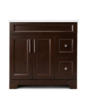 Sapphire 36" Smoked Walnut- A dark brown wooden bathroom vanity cabinet with two panelled doors, two drawers, brushed nickel handles, and a white countertop