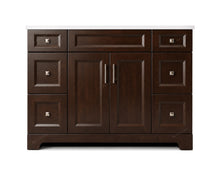 Sapphire 48" Smoked Walnut- A dark brown wooden bathroom vanity cabinet with six drawers and two central doors, featuring brushed nickel handles and knobs