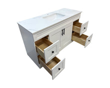 54-inch solid wood bathroom vanity with open dovetailed drawer, white quartz countertop and an undermount sink