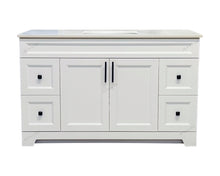 54" Solid wood bathroom vanity with a quartz countertop and black handles