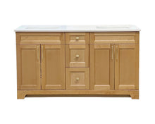 60" Double Sink solid wood bathroom vanity in oak wood colour.