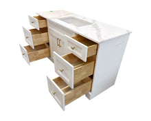 Sapphire 60-inch white single sink bathroom vanity with quartz countertop and six open dovetail solid wood drawers for spacious bathroom storage