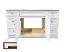 Sapphire 60-inch white single sink bathroom vanity with open centre cabinet, six side drawers, solid wood construction and dual toe kick design