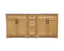 72" natural wood finish bathroom vanity with two sinks