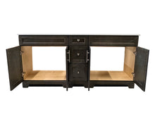 6-feet double sink solid wood bathroom vanity with open doors. 