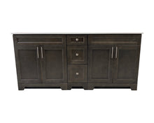 72" double sink solid wood vanity in dark wood stain finish with quartz countertop.